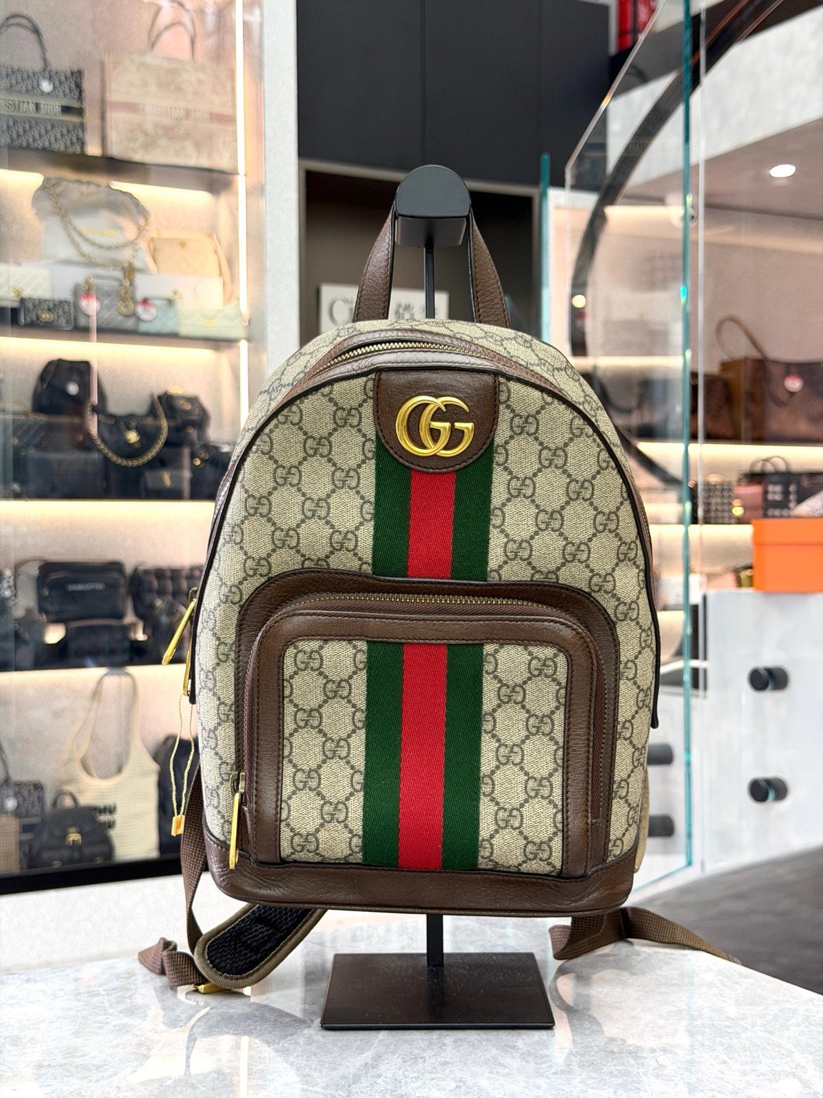 GUCCI Ophidia Backpack – Beige GG Supreme Canvas with Green and Red Web Stripe, Gold Hardware, Good Pre-Owned