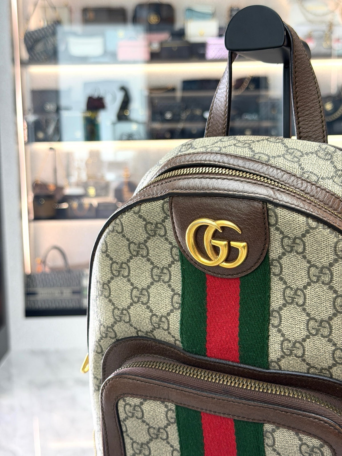 GUCCI Ophidia Backpack – Beige GG Supreme Canvas with Green and Red Web Stripe, Gold Hardware, Good Pre-Owned