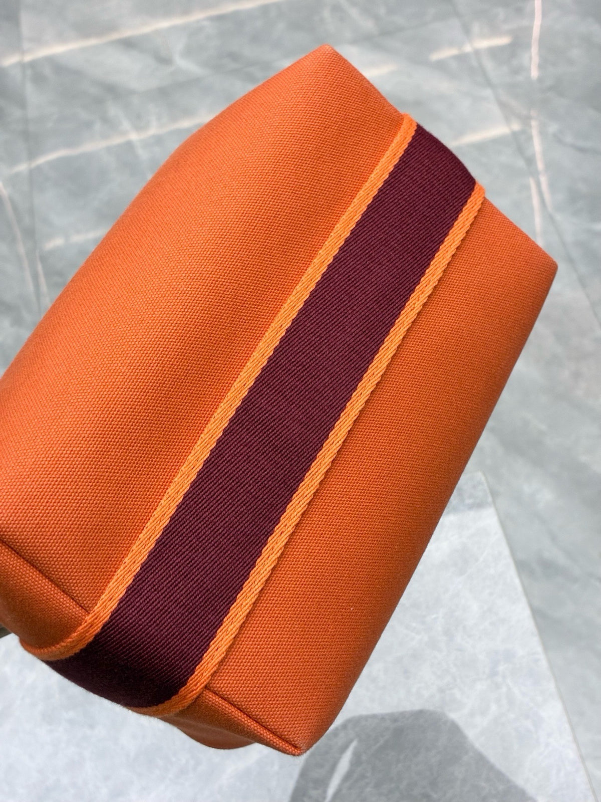 HERMÈS Bride-a-Brac PM – Flame Orange Canvas with Burgundy Webbing and Embroidered H, Good Pre-Owned
