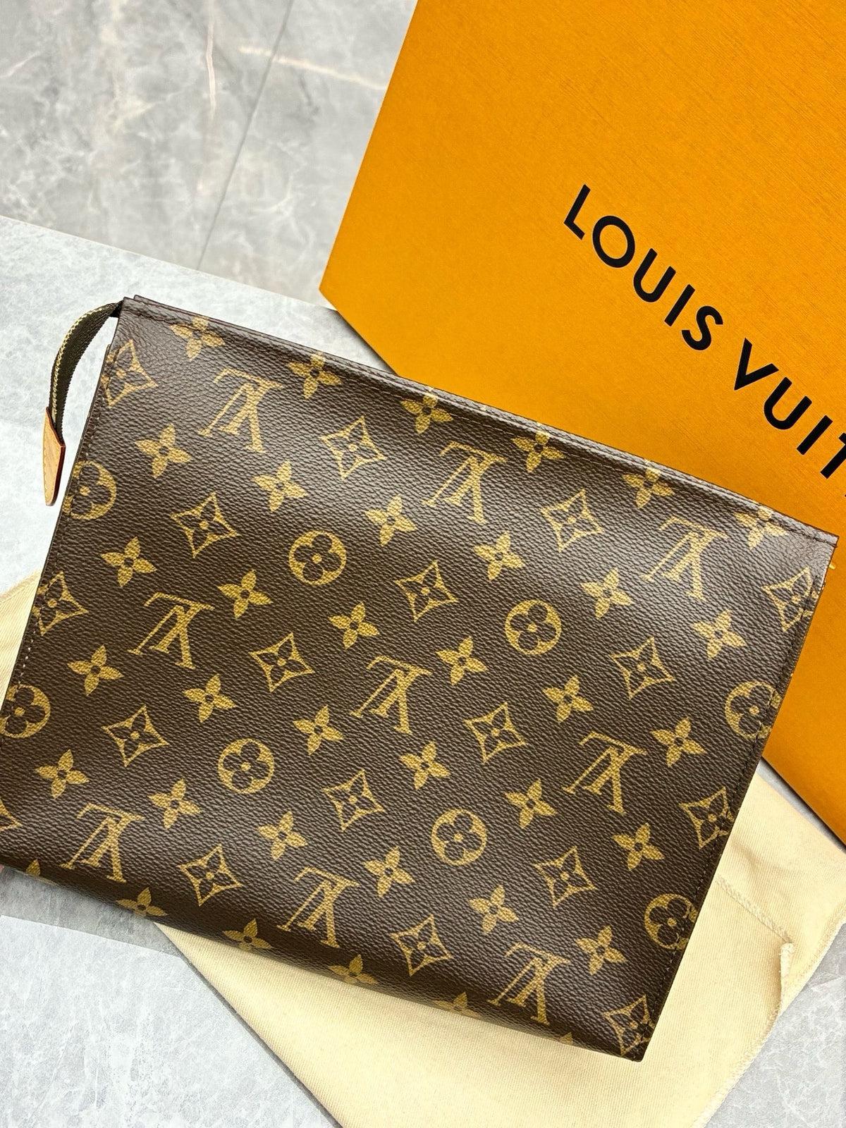 LOUIS VUITTON Vintage Toiletry Pouch – Monogram Canvas with Gold Hardware, Trapezoid Clutch, Good Pre-Owned