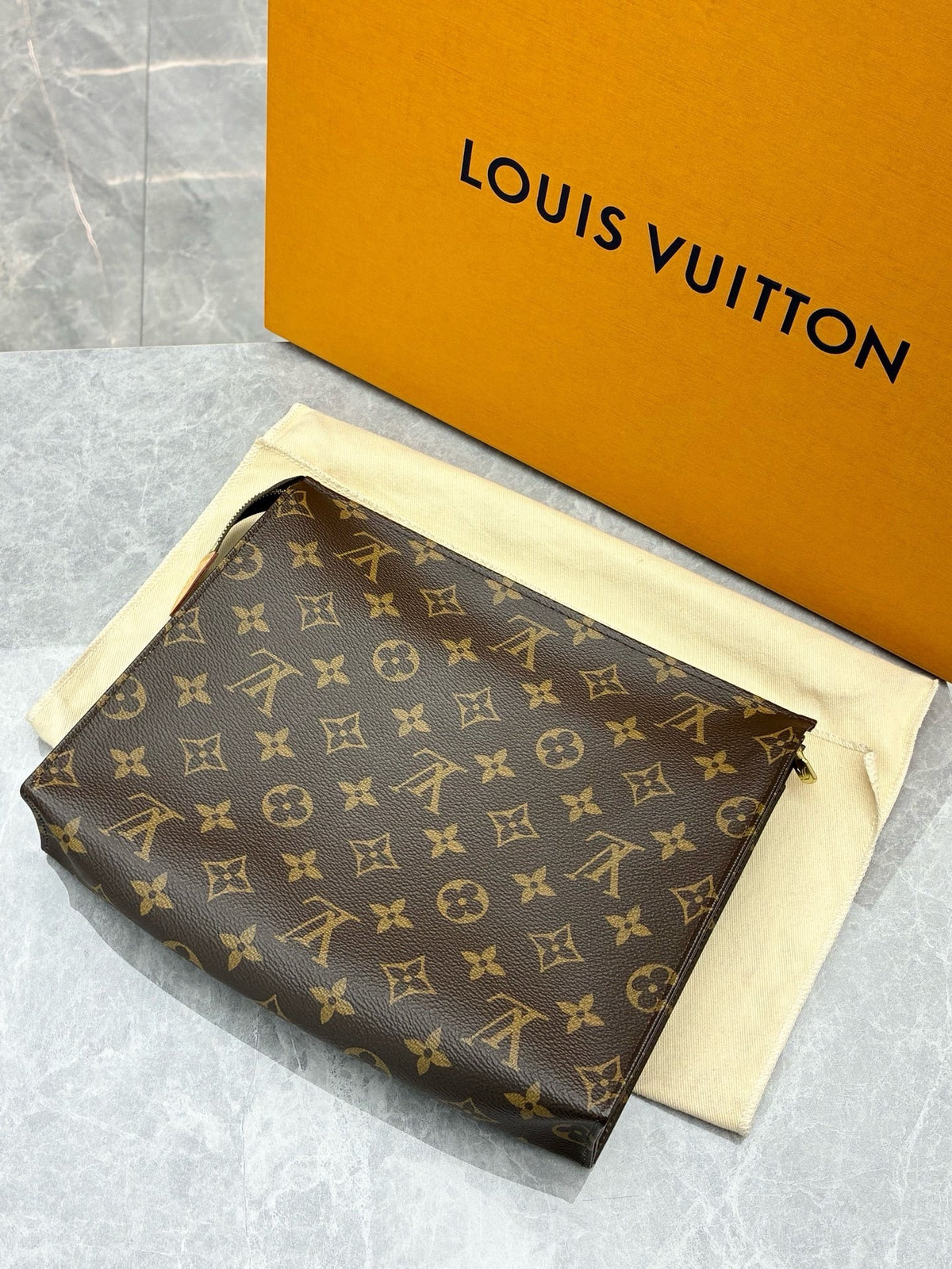 LOUIS VUITTON Vintage Toiletry Pouch – Monogram Canvas with Gold Hardware, Trapezoid Clutch, Good Pre-Owned