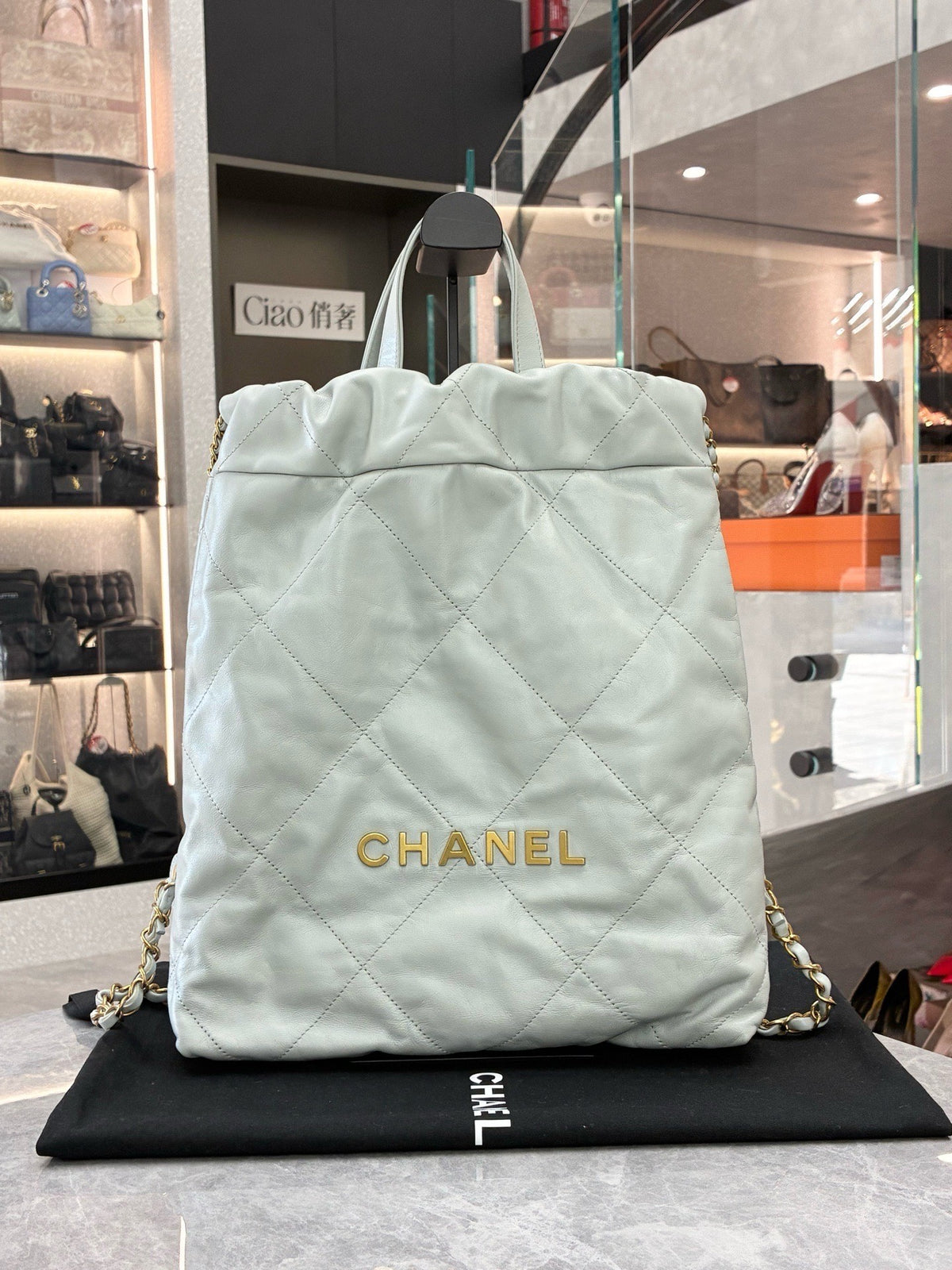 CHANEL 22 Backpack – Pale Grey Shiny Calfskin with Gold Hardware, Microchip, Good Pre-Owned
