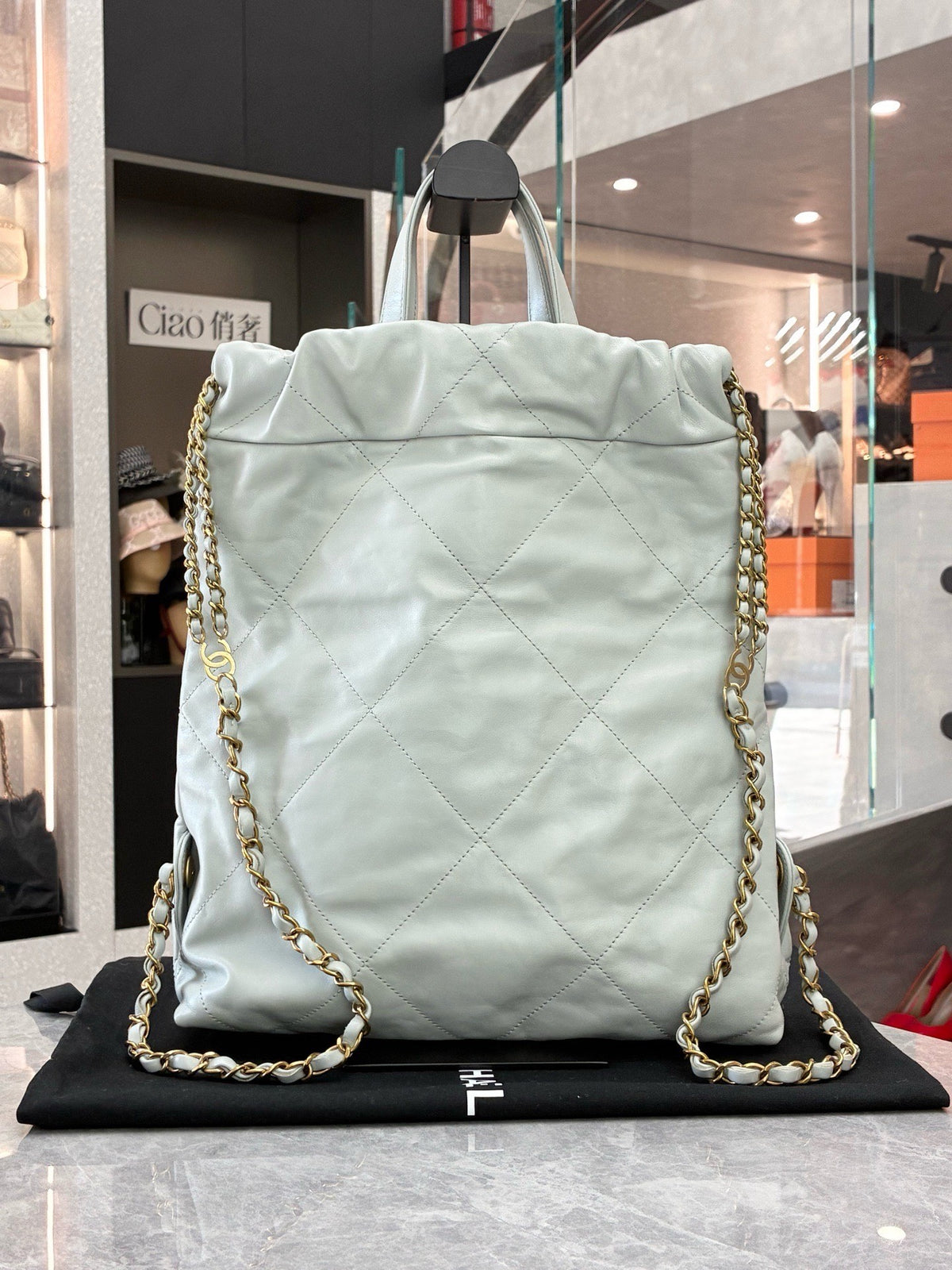 CHANEL 22 Backpack – Pale Grey Shiny Calfskin with Gold Hardware, Microchip, Good Pre-Owned