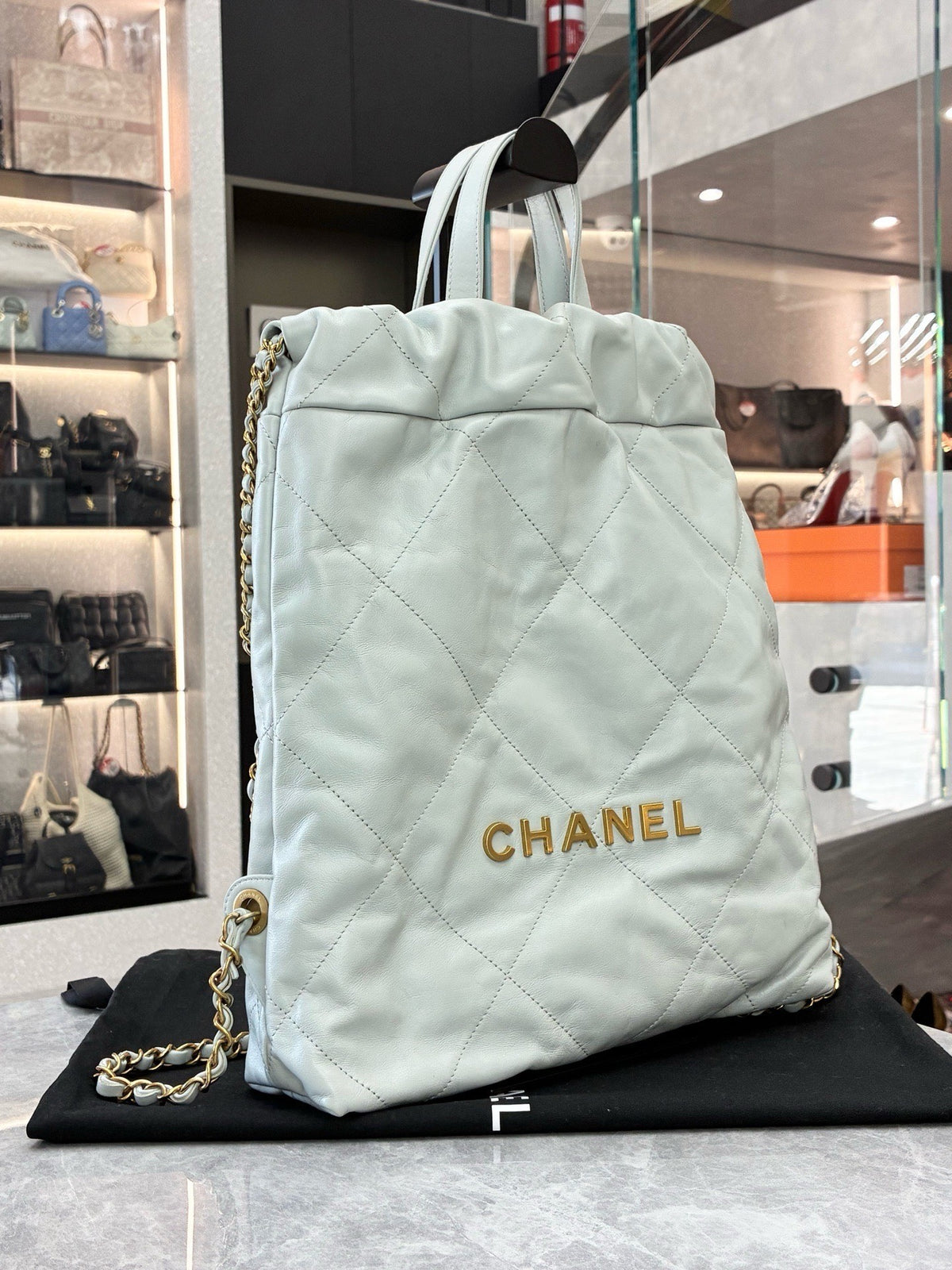 CHANEL 22 Backpack – Pale Grey Shiny Calfskin with Gold Hardware, Microchip, Good Pre-Owned