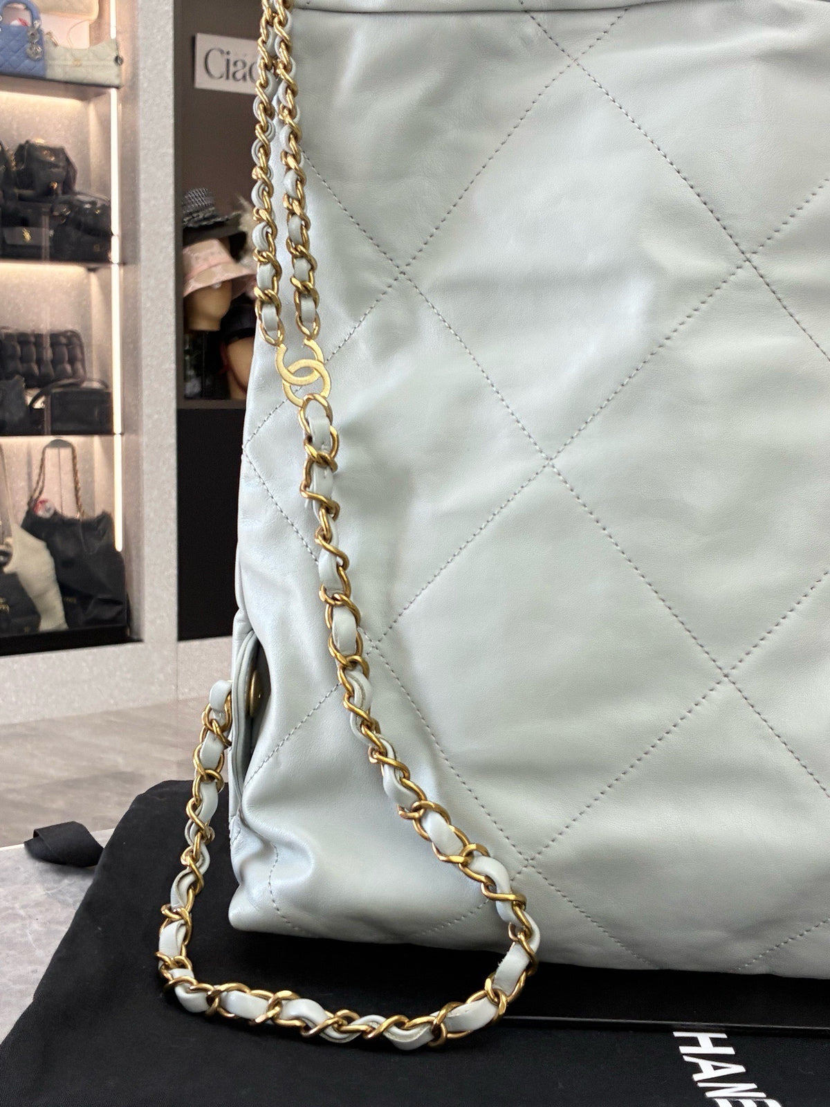 CHANEL 22 Backpack – Pale Grey Shiny Calfskin with Gold Hardware, Microchip, Good Pre-Owned
