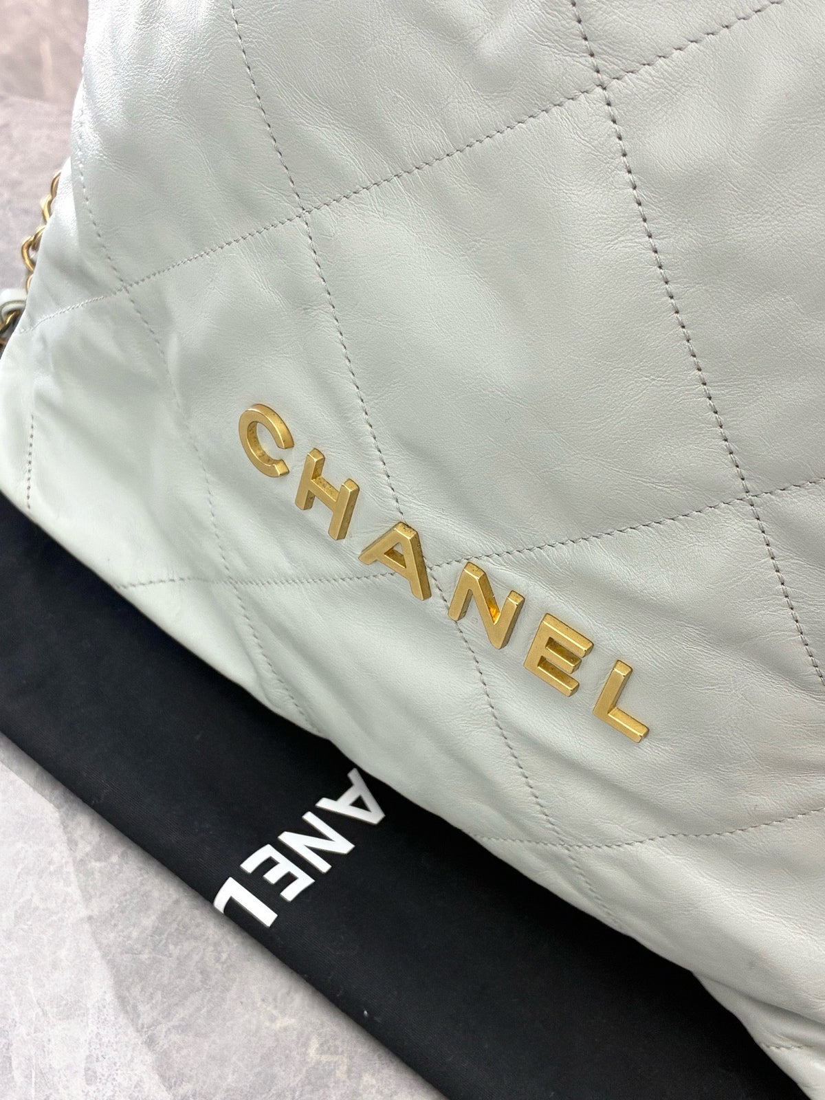 CHANEL 22 Backpack – Pale Grey Shiny Calfskin with Gold Hardware, Microchip, Good Pre-Owned