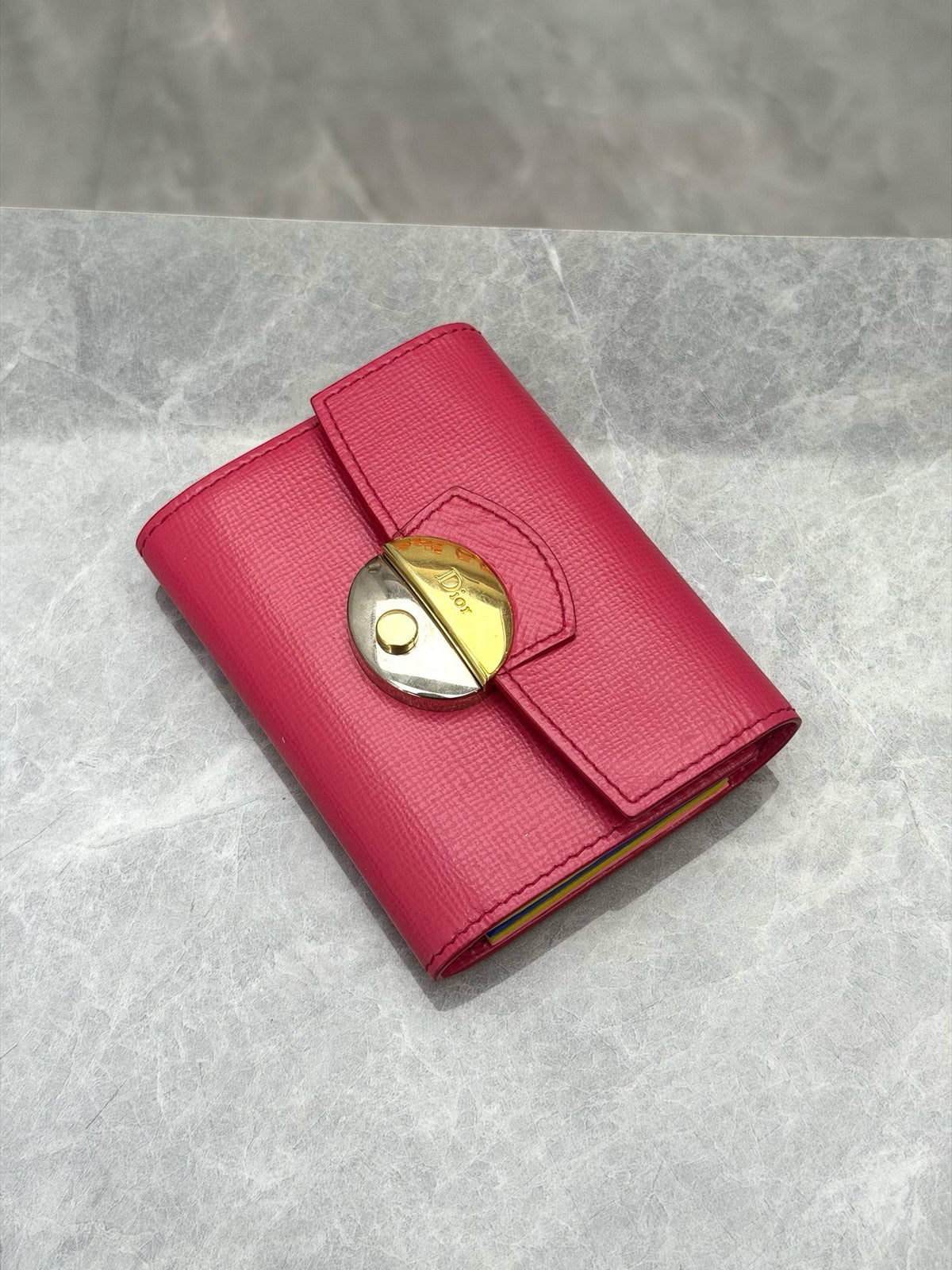 CHRISTIAN DIOR Compact Wallet – Fuchsia Grained Calfskin with Rainbow Interior, Gold 'Dior' Turn-Lock, Excellent Pre-Owned
