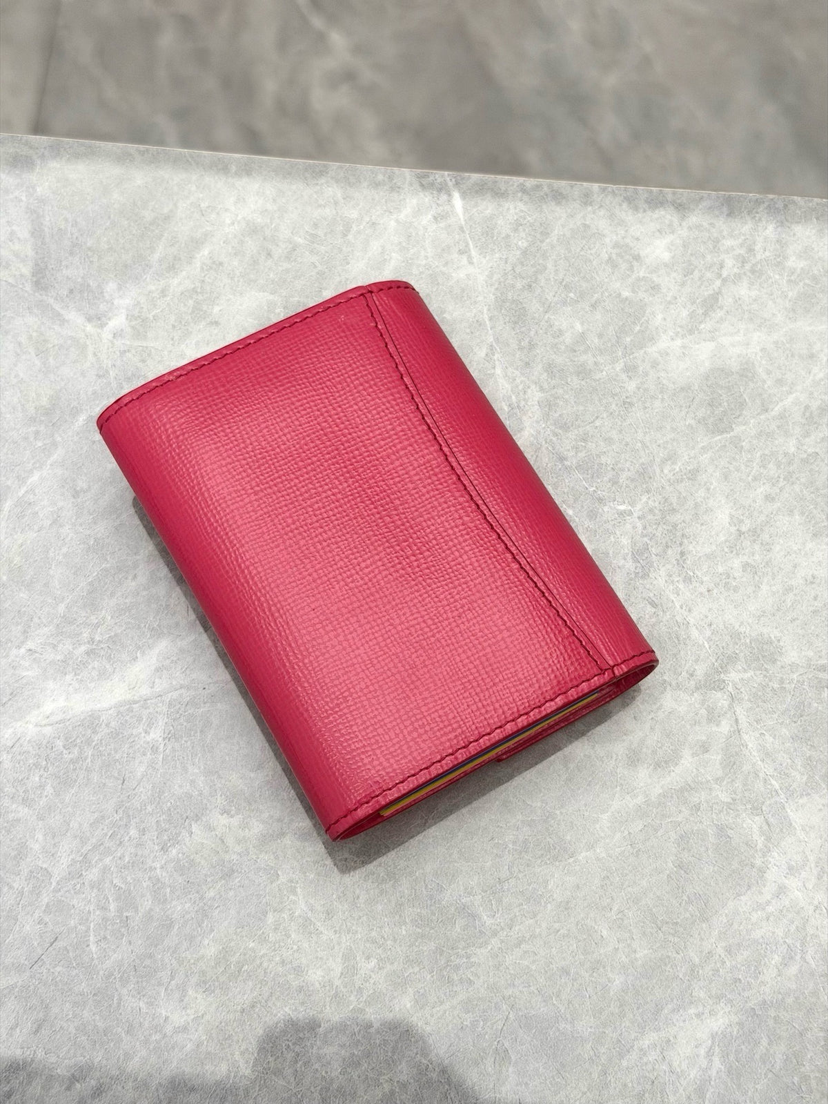 CHRISTIAN DIOR Compact Wallet – Fuchsia Grained Calfskin with Rainbow Interior, Gold 'Dior' Turn-Lock, Excellent Pre-Owned