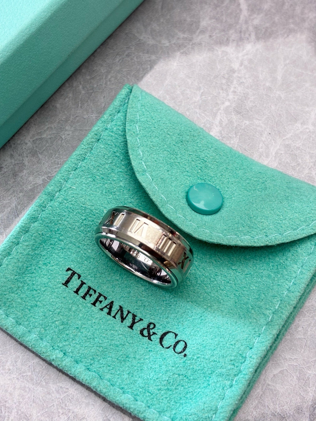 TIFFANY & CO. Atlas Ring – Roman Numeral Band in Grey 925 Ti Titanium-Toned Silver, Large Size, Very Good Pre-Owned