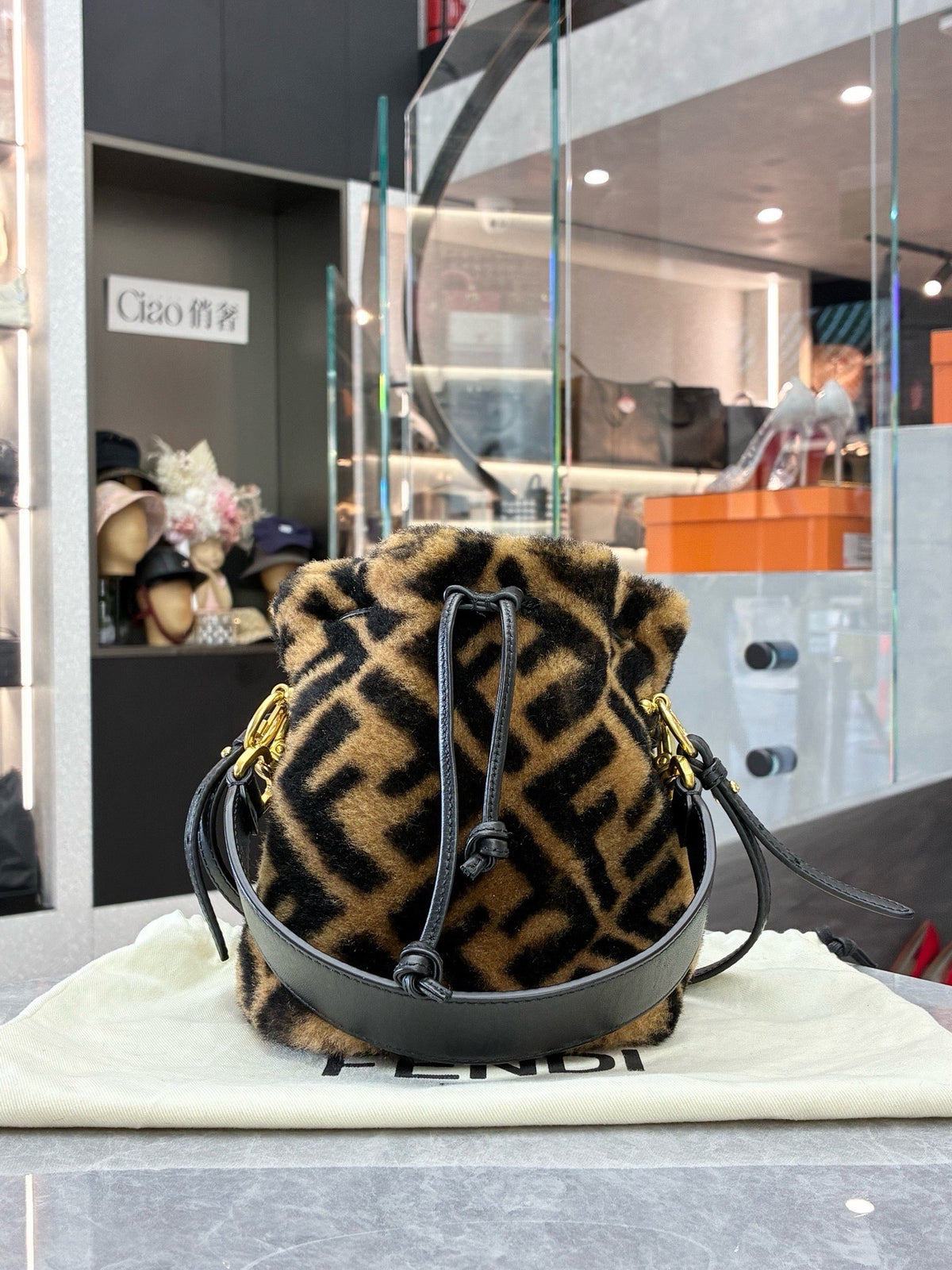FENDI Mon Tresor Mini Bucket Bag – Shearling with Large FF Motif, Gold Hardware, Good Pre-Owned