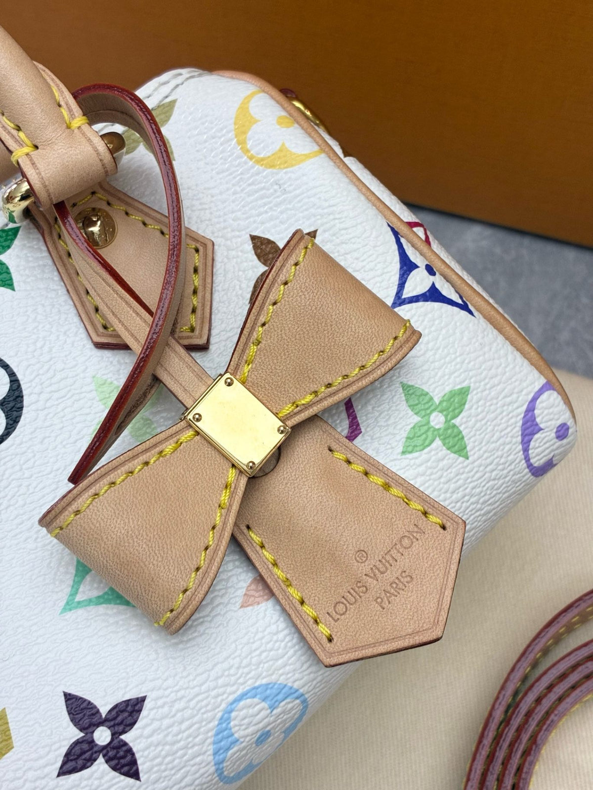 LOUIS VUITTON Nano Speedy – White Multicolor Monogram Canvas, Vachetta Trim, Gold Hardware, Microchip Era, Good Pre-Owned