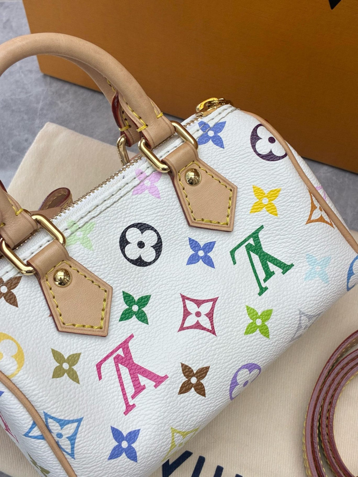 LOUIS VUITTON Nano Speedy – White Multicolor Monogram Canvas, Vachetta Trim, Gold Hardware, Microchip Era, Good Pre-Owned