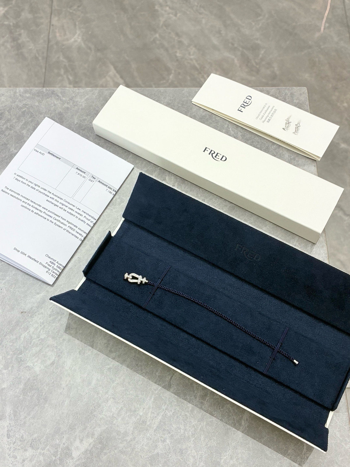 FRED Force 10 Bracelet – 18K White Gold Diamond-Pavé Buckle, Navy Blue Cable, Size 16, Reference 0B0077, Brand New