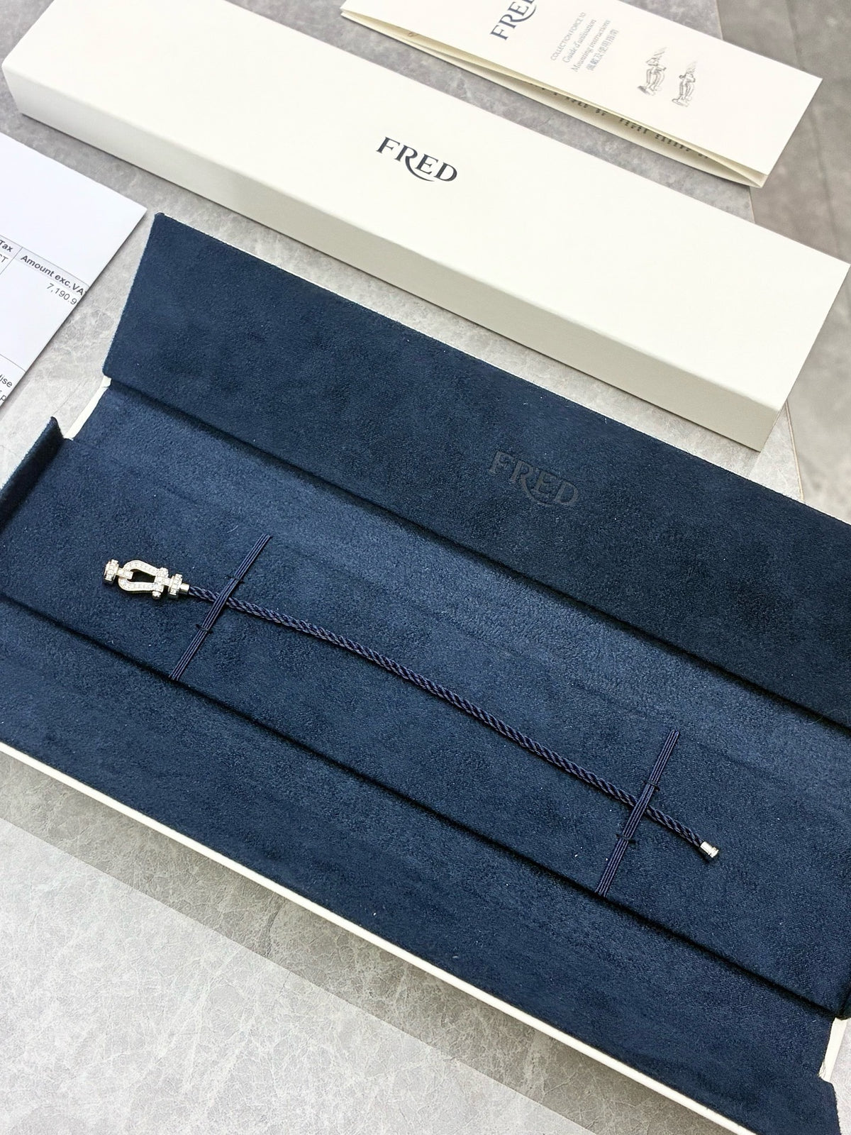 FRED Force 10 Bracelet – 18K White Gold Diamond-Pavé Buckle, Navy Blue Cable, Size 16, Reference 0B0077, Brand New