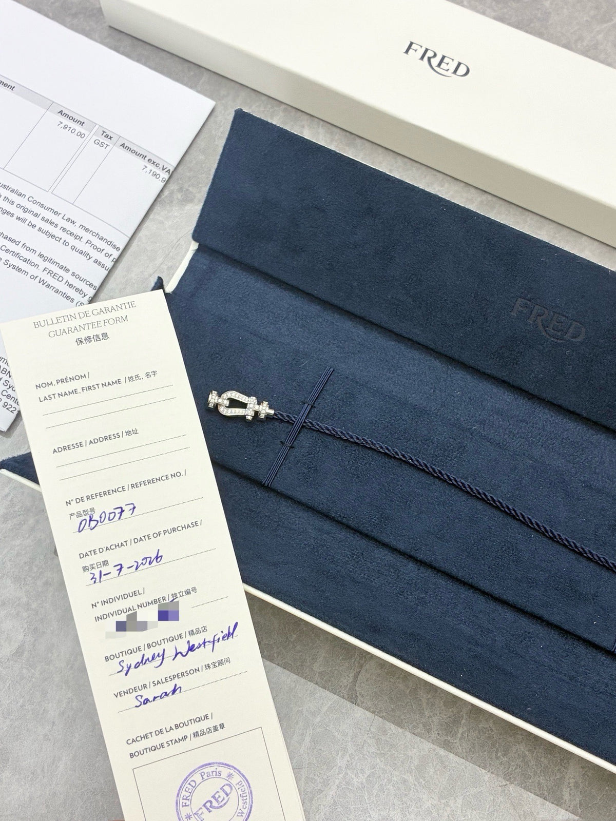 FRED Force 10 Bracelet – 18K White Gold Diamond-Pavé Buckle, Navy Blue Cable, Size 16, Reference 0B0077, Brand New