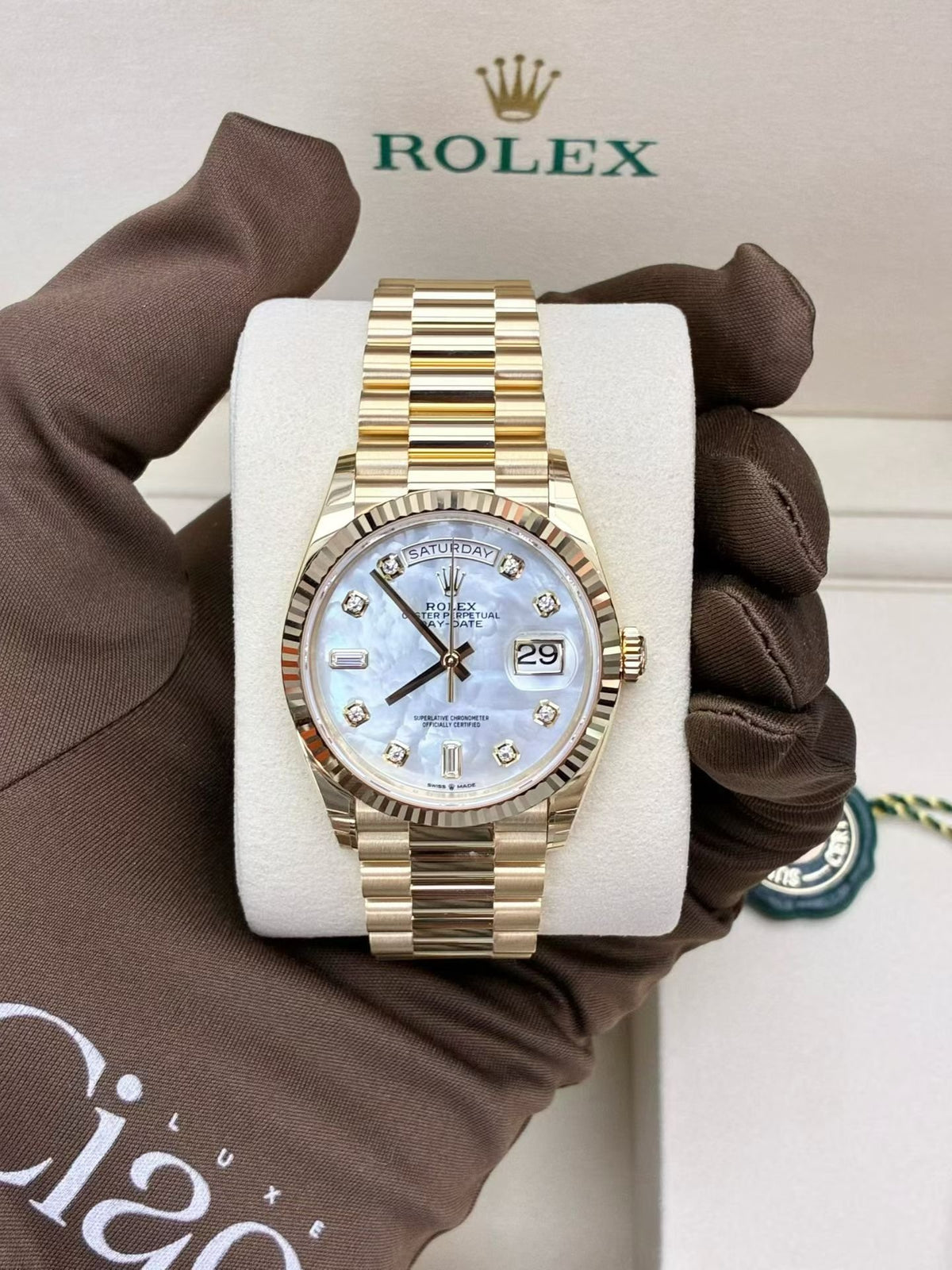 ROLEX Oyster Perpetual Day-Date 36 – 18K White Gold with White Mother-of-Pearl Dial, Reference 128238, Brand New