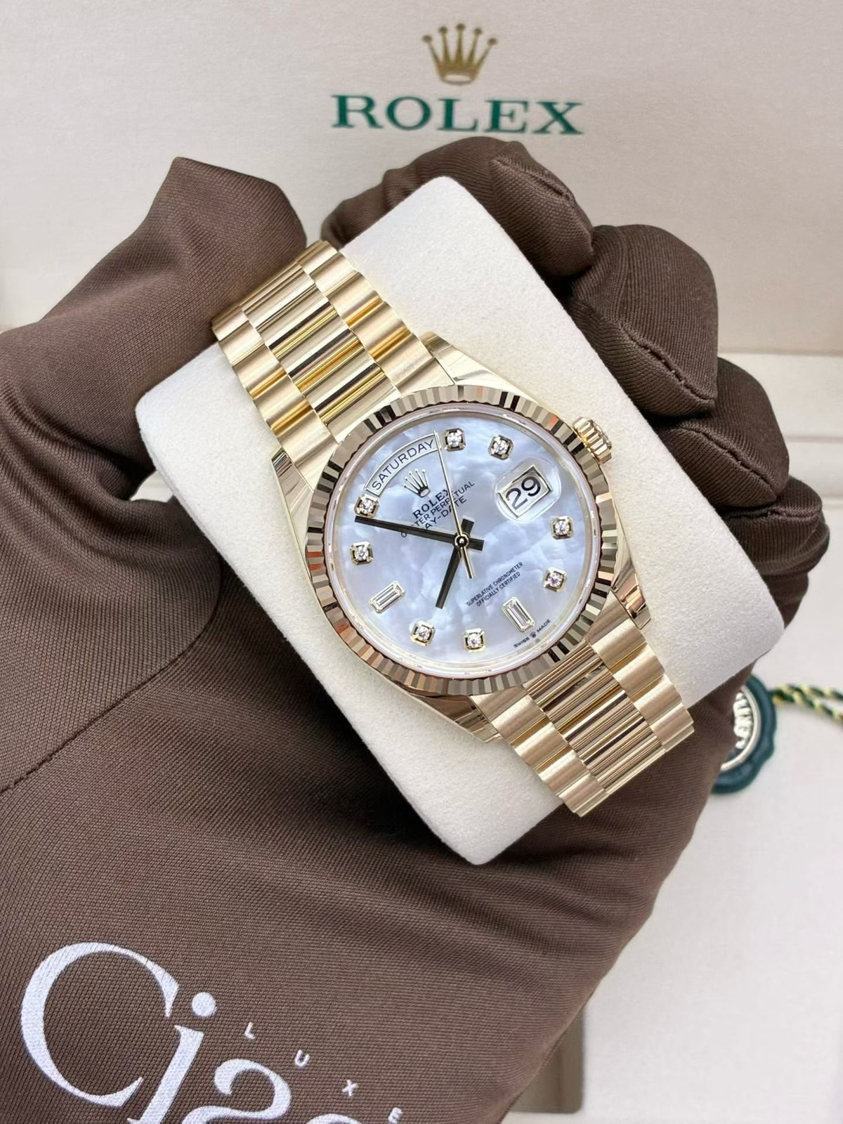 ROLEX Oyster Perpetual Day-Date 36 – 18K White Gold with White Mother-of-Pearl Dial, Reference 128238, Brand New