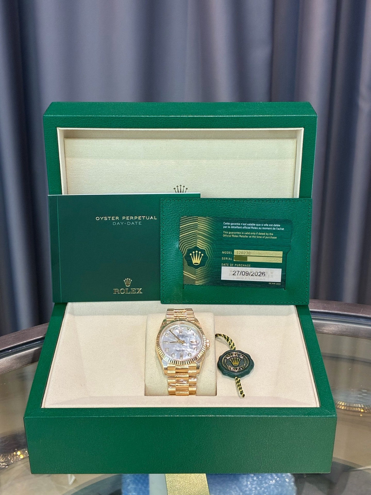 ROLEX Oyster Perpetual Day-Date 36 – 18K White Gold with White Mother-of-Pearl Dial, Reference 128238, Brand New