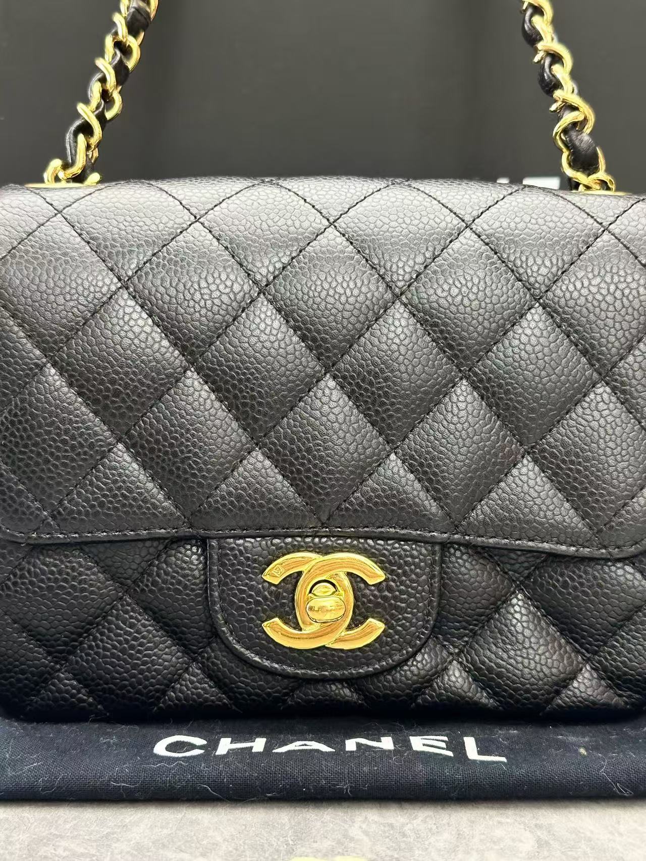 Chanel Mini Square Flap bag in black quilted caviar leather with gold-tone hardware