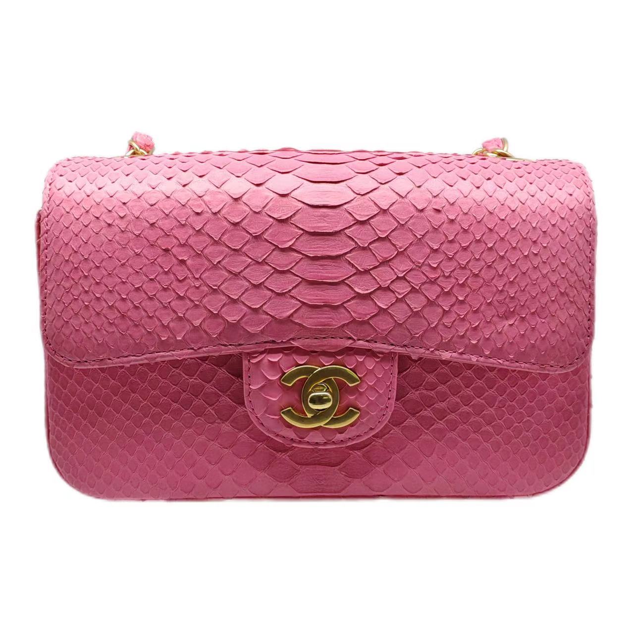 CHANEL mini classic Flap Bag Quilted Python Leather GHW (Dark Pink)