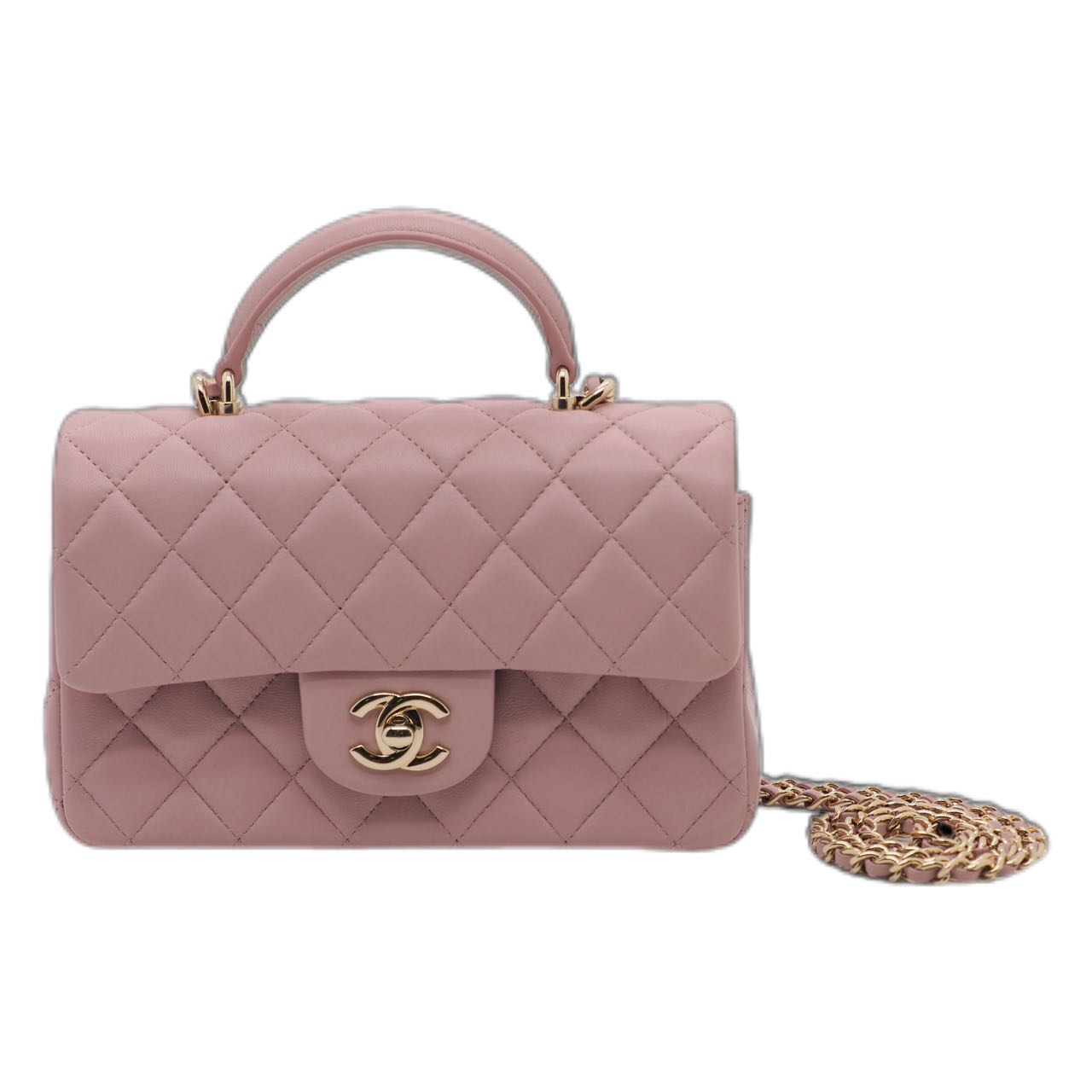 CHANEL 23P Quilted Mini Top Handle Lambskin GHW (Pink）