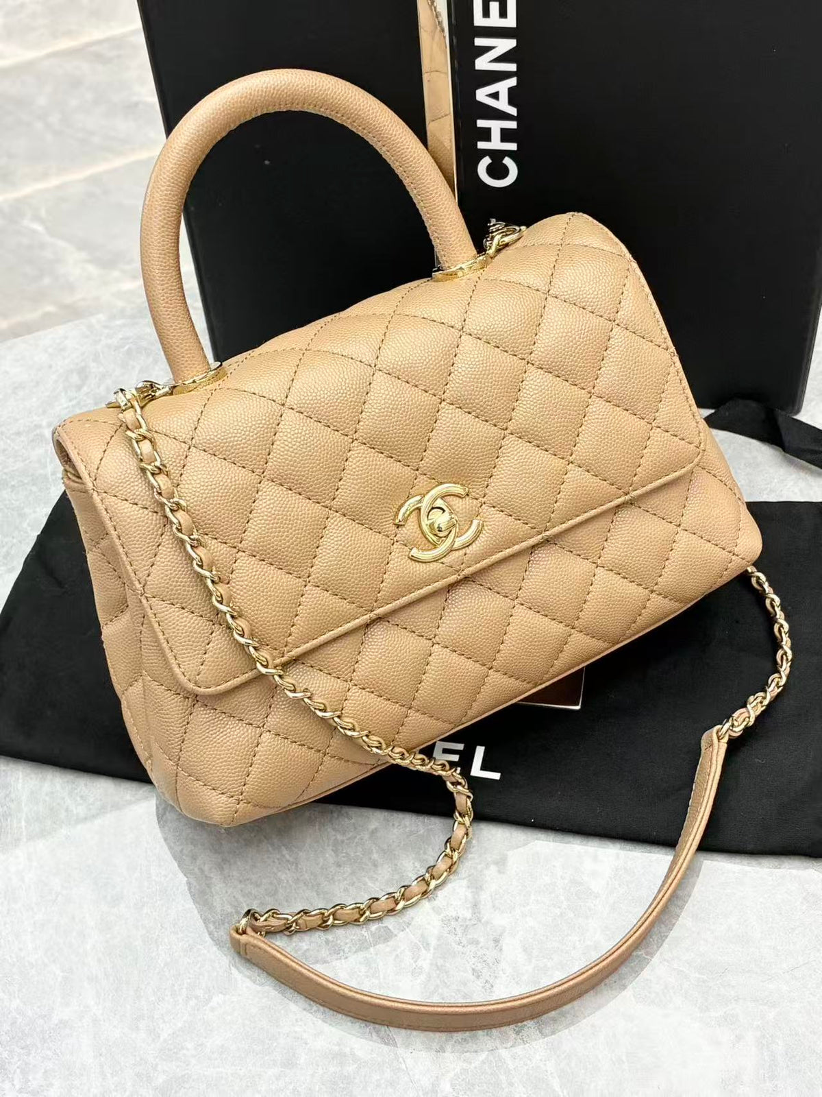 CHANEL Coco Handle Small – Milk Tea Quilted Calfskin with Gold-Tone Hardware, 23 x 6 x 14 cm, Microchip Era, 99% New