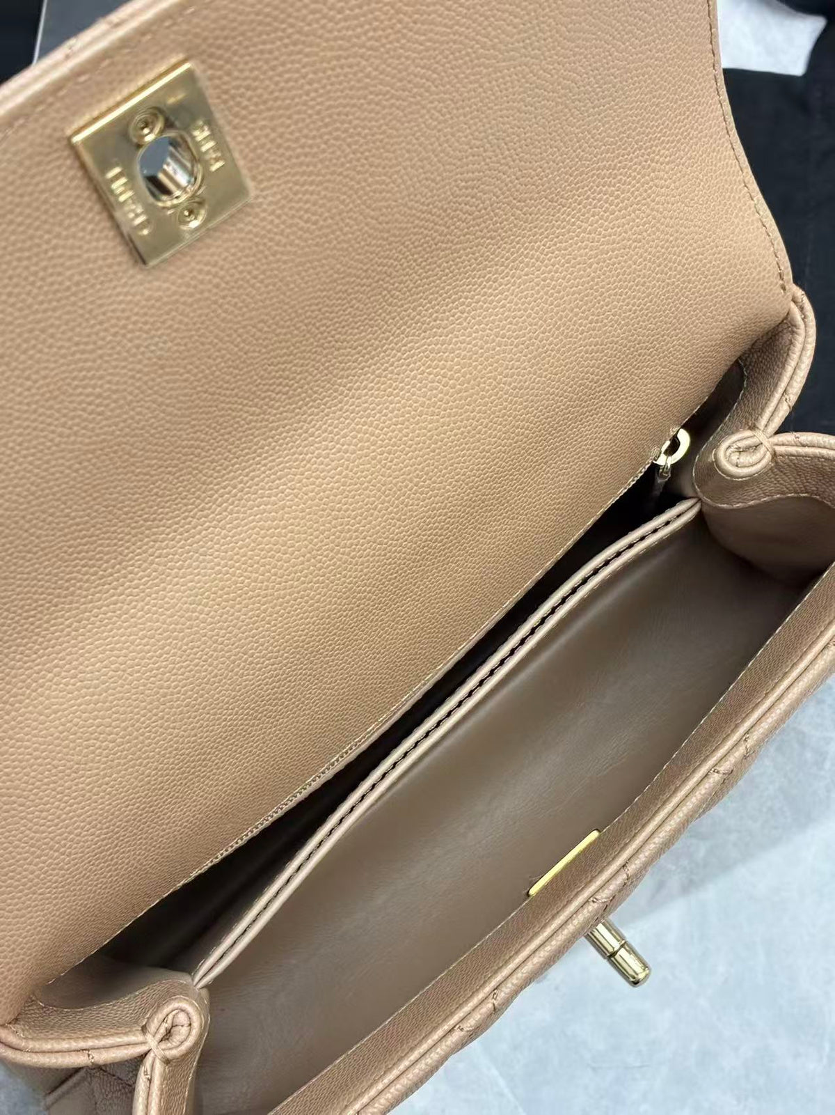 CHANEL Coco Handle Small – Milk Tea Quilted Calfskin with Gold-Tone Hardware, 23 x 6 x 14 cm, Microchip Era, 99% New