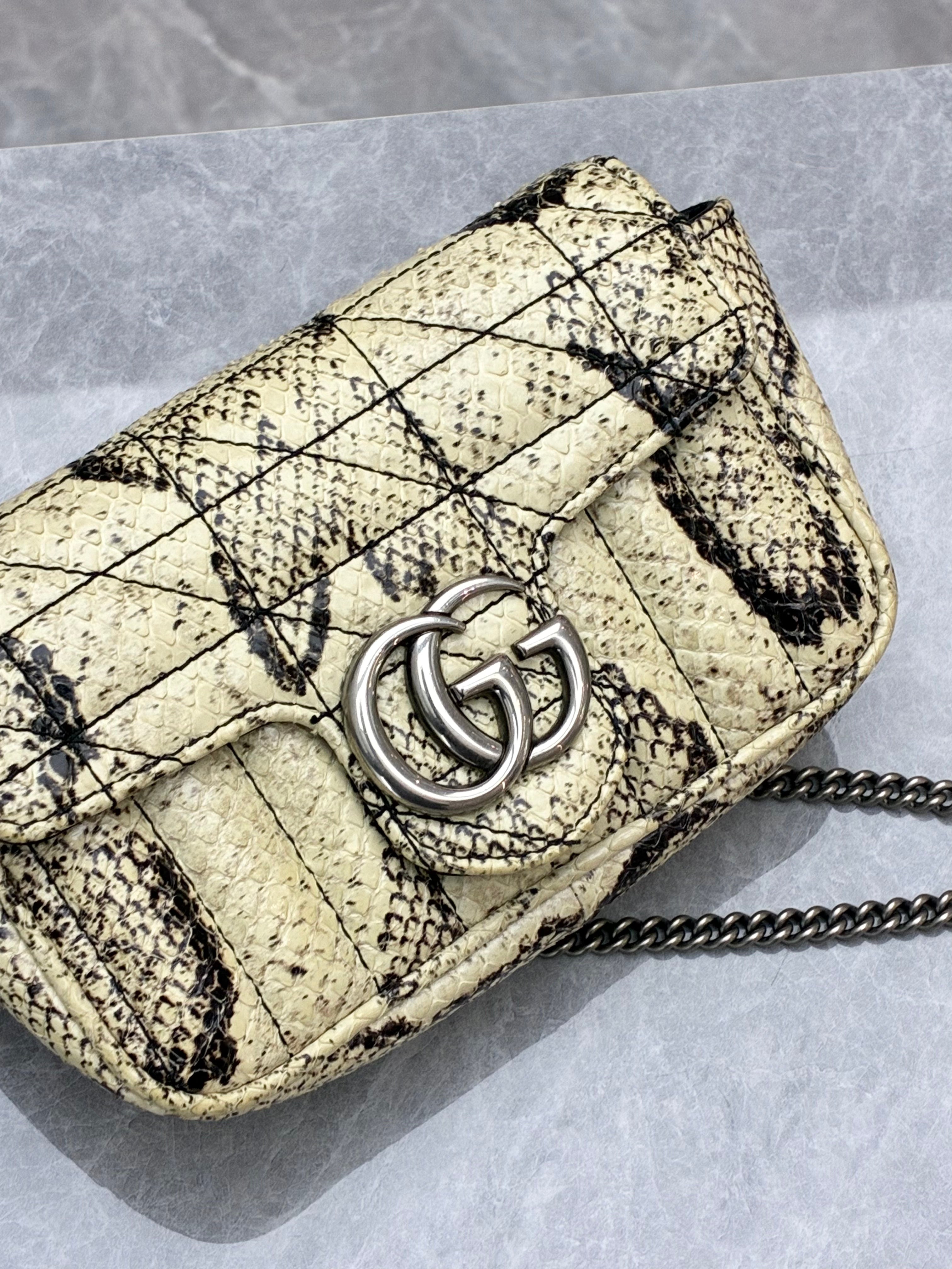 Gucci Mini Marmont natural python skin chain crossbody bag Double G detail