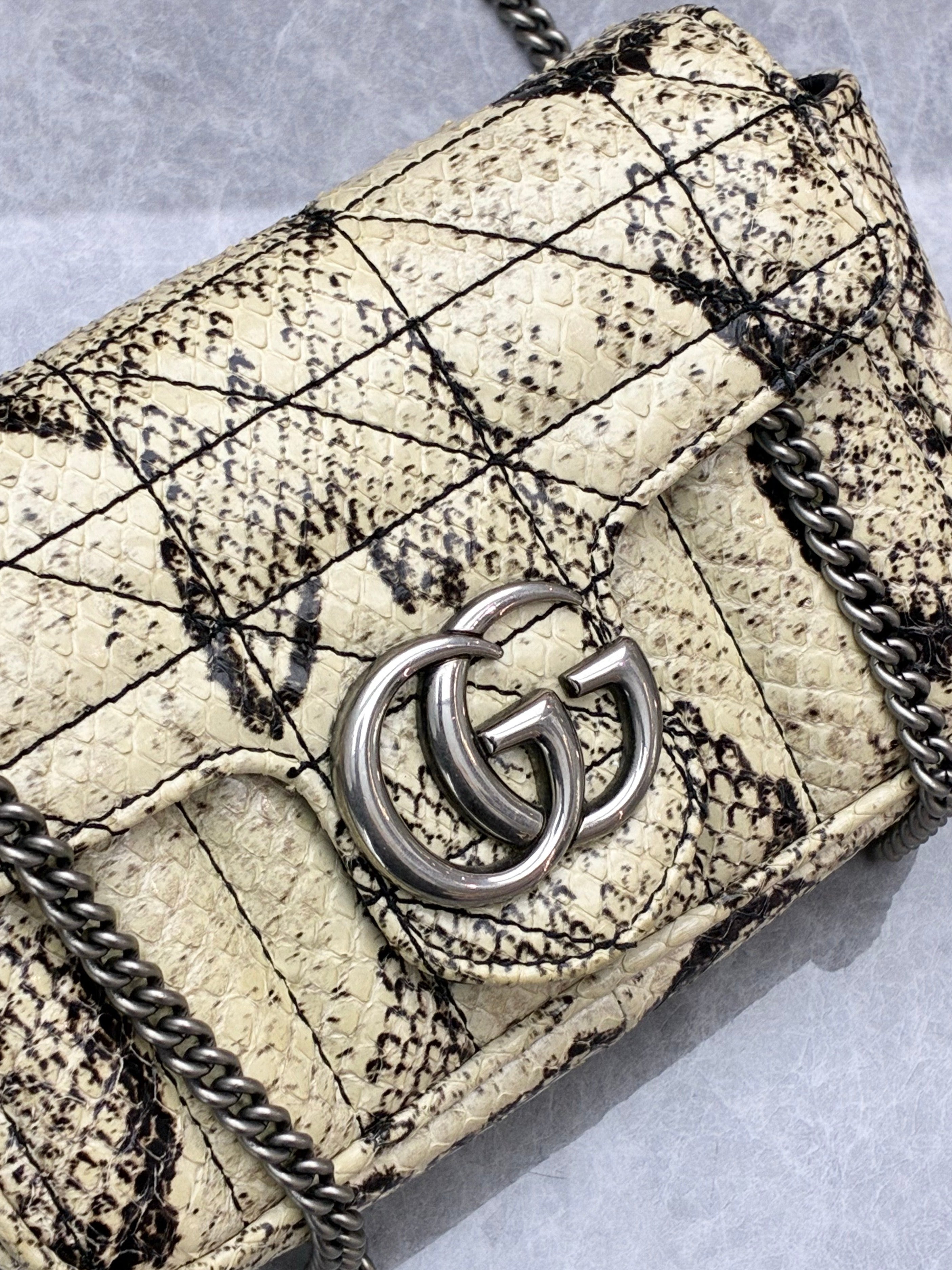 Gucci Mini Marmont natural python skin chain crossbody bag close-up