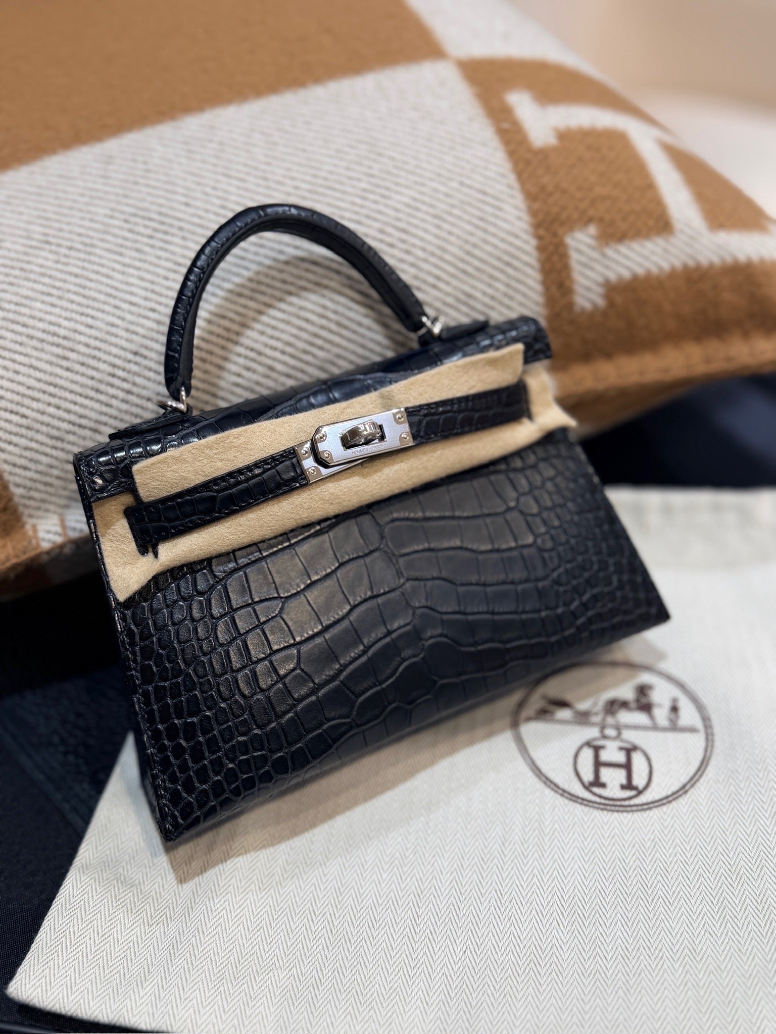 Hermès Mini Kelly II in black matte crocodile with palladium hardware