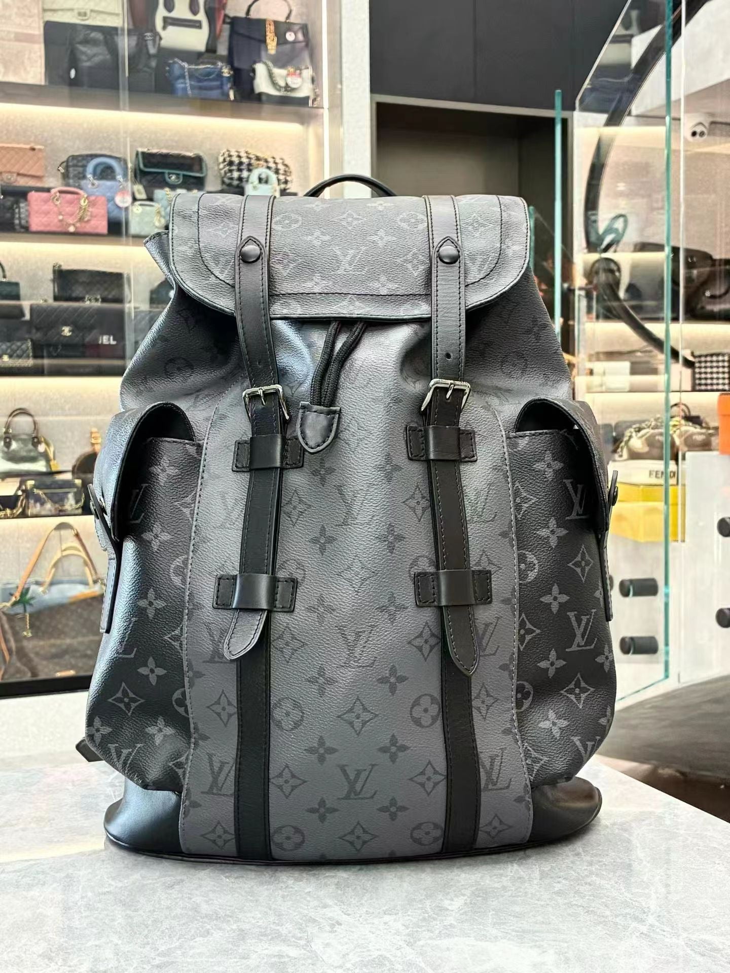 LOUIS VUITTON Christopher MM Monogram Eclipse backpack front view