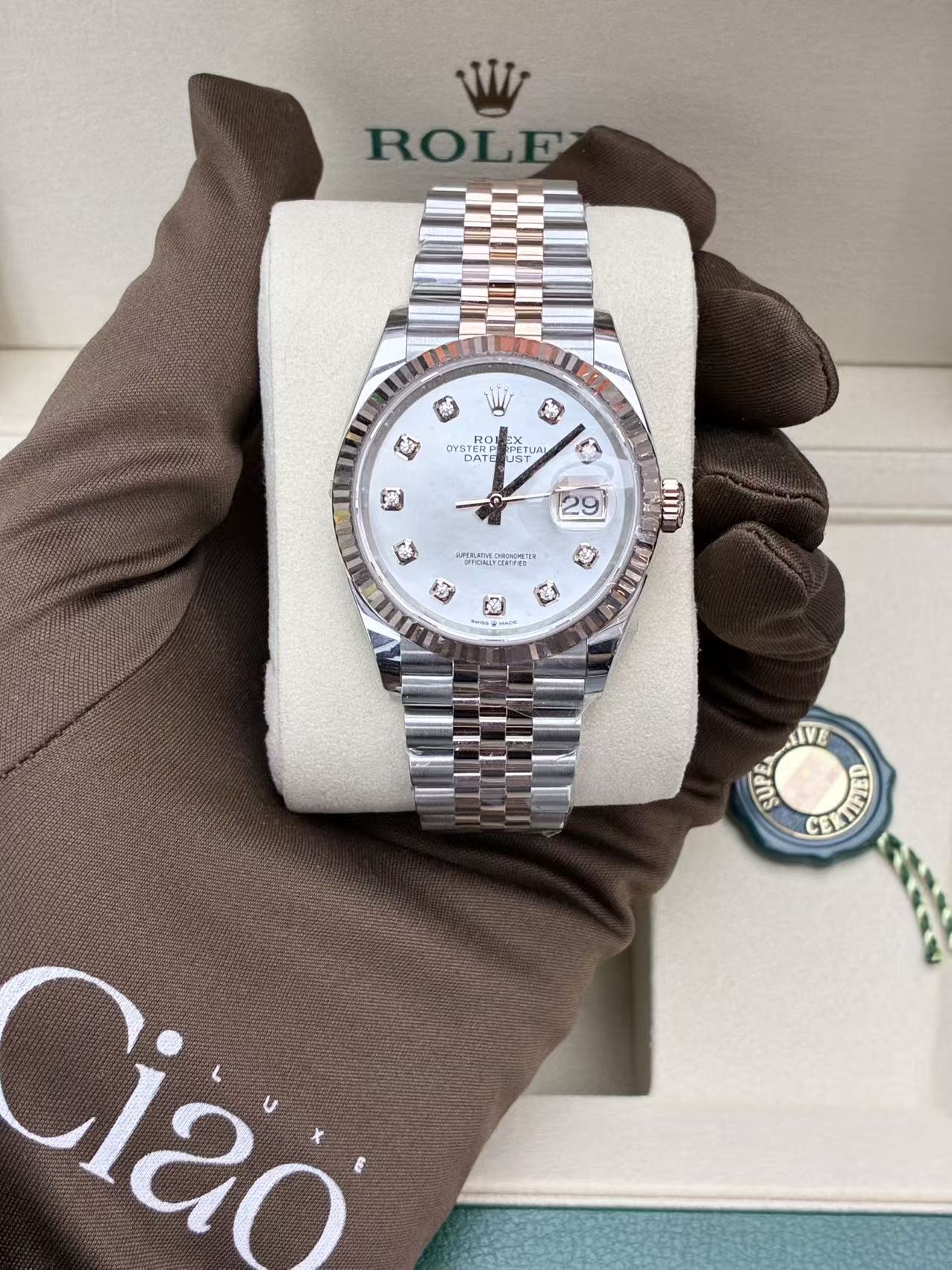 Rolex Datejust 36 126231-0021 mother-of-pearl diamond dial front view